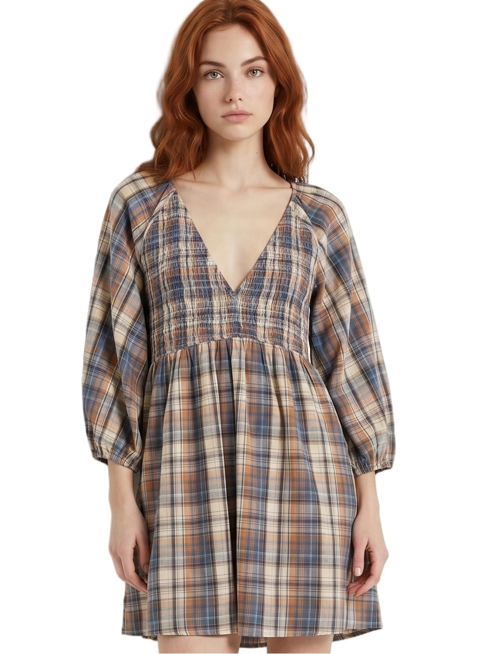 BAEVELY Blue Cream Plaid V Neck Short sleeve Mini Dress Smocked Empire waist
LG